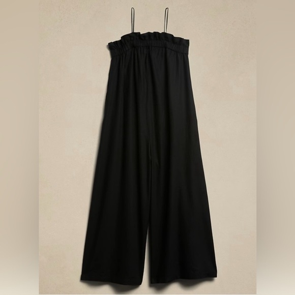 Banana Republic Linen Blend Wide Leg Ruffle Neckline Jumpsuit Black Size Small - Picture 4 of 14